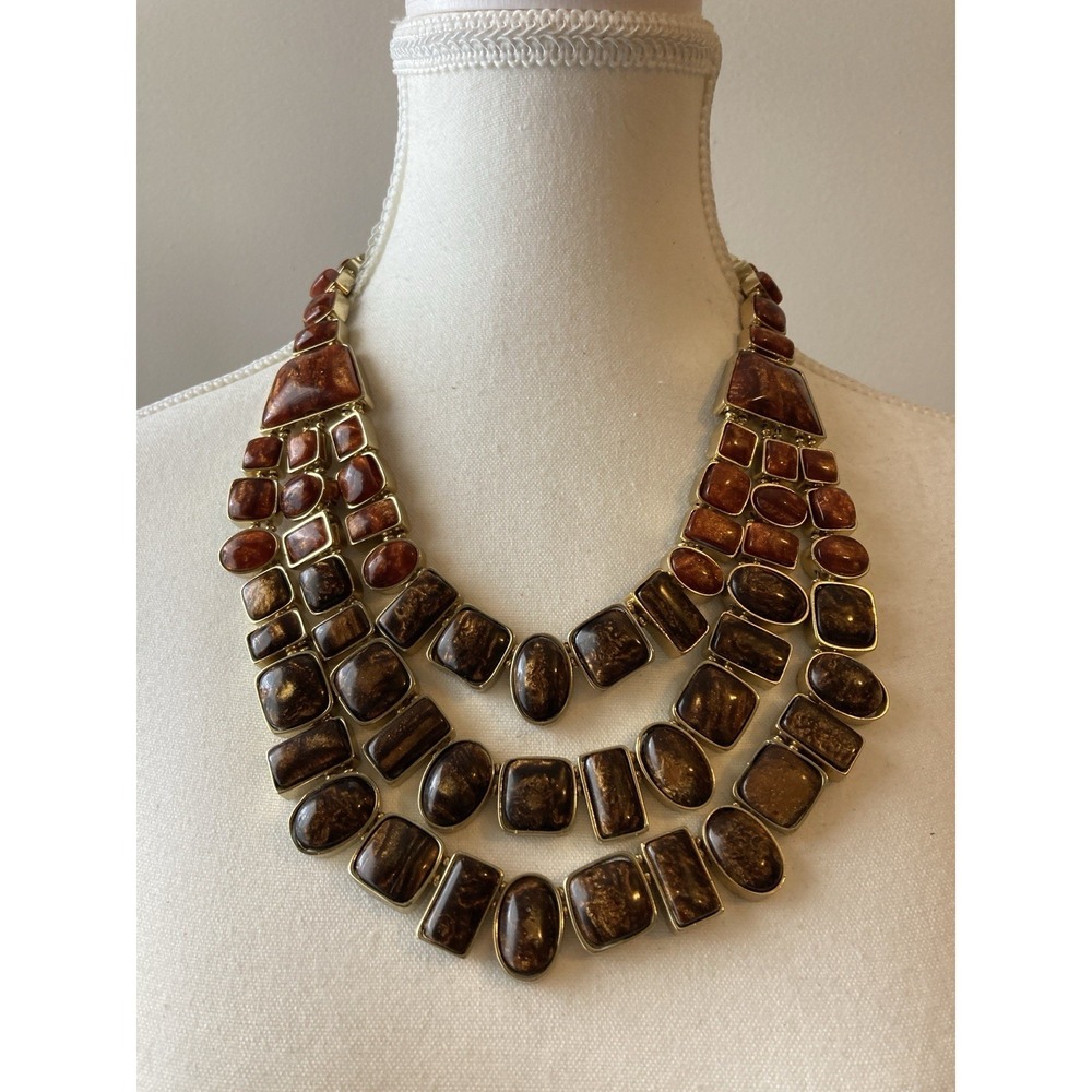 Chico’s Autumn Bib Necklace In Earthy Brown Resin Chunky Statement Gold Tone